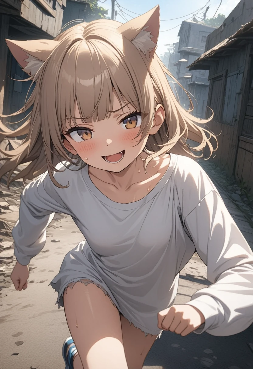 ((Masterpiece)), (Anime:1.3), ((best quality)), (super detail:1.2), (High Definition:1.3), (Professional Photography:1.2), (sharp focus), (perfect light), from side, (fisheye), (()), (morning), loose blunt bangs, messy medium hair, ((Frayed and ragged loose Long Sleeve T-shirts)), slightly exposed right shoulder, (slightly exposed small breast), Beautiful collarbone, Slender body, (running on the road), Sweaty skin, (smug), open mouth, Textured skin, Cat ears, (Healthy slim body), Pale brown hair, Cute Beautiful Girl, BREAK, ((best quality)), (super detail:1.2), ((Running)), dynamism, outdoor, (on the rusty Collapsed road), (View of the sea and slums),