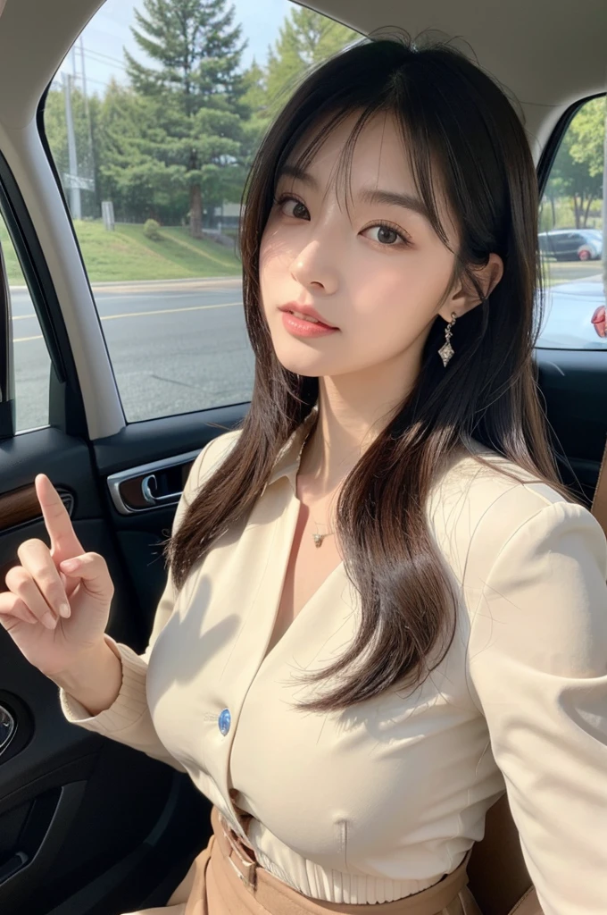 Inside the car at the driving school, driving school instructor, ((full body)), ((photo)), ((best qualtiy, 8K, tmasterpiece:1.3)), Focus:1.2, perfect figure beautiful girl:1.4, 1girl, cowboy shot, look at viewer, incredibly absurd, beautiful and cute girl with a photorealistic face, showcasing top-quality craftsmanship, A Japanese woman sitting in the passenger seat of a car at a driving school, 22 years old, has long, shiny, straight black hair, long bangs cut above her eyes as see-through bangs, large, dark eyes, long eyelashes, cat-like eyes with slightly upturned corners, well-defined eyebrows, double eyelids, straight nose, thin lips but a healthy, natural red color, well-aligned teeth, sharp jawline, fair, clear skin, smooth skin, long limbs, tall, slender, well-balanced proportions, beautiful C-cup , wearing a white blouse with a black tight skirt and a beige jacket over it. The skirt is knee-length, an elegant and chic outfit, a single diamond earring in her left ear, and a slim gold ring on her middle finger on her right hand, a beautiful older woman, beautiful, neat, serious, responsible, kind, April