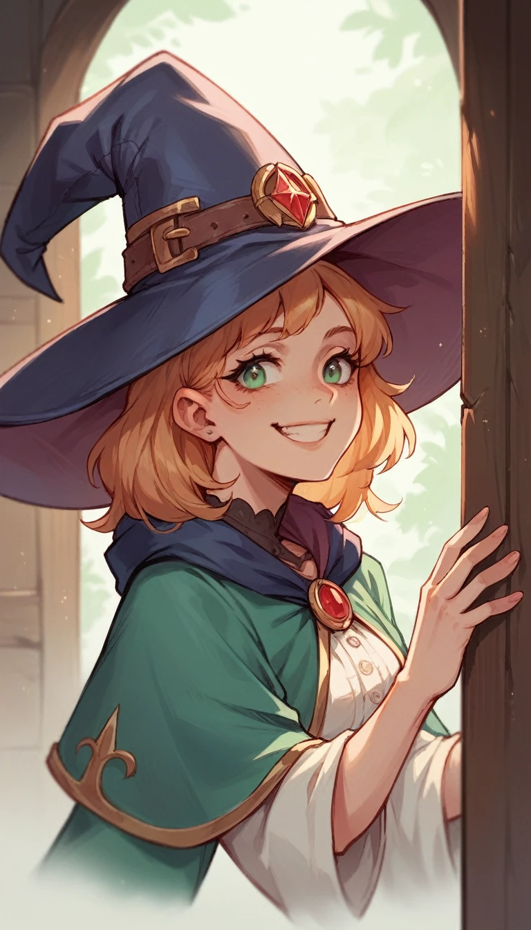 a girl wearing wizard hat is elemental in Deck, upper body, small head,smile