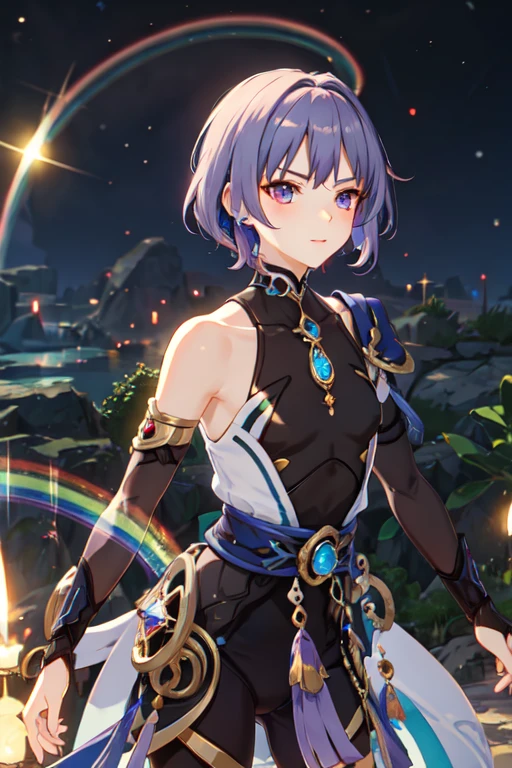 humanoid rainbow fox with crystal crown, light purple hair and rainbow aura