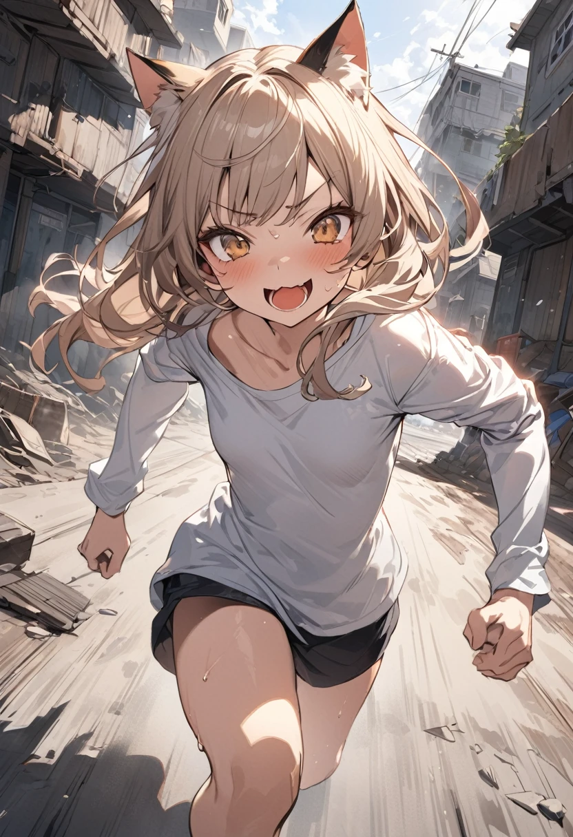 ((Masterpiece)), (Anime:1.3), ((best quality)), (super detail:1.2), (High Definition:1.3), (Professional Photography:1.2), (sharp focus), (perfect light), from side, (fisheye), ((12 years old)), (morning), loose blunt bangs, messy medium hair, ((Frayed and ragged loose Long Sleeve T-shirts)), slightly exposed right shoulder, (slightly exposed small breast), Beautiful collarbone, Slender body, (running on the road), Sweaty skin, (smug), open mouth, Textured skin, Cat ears, (Healthy slim body), Pale brown hair, Cute Beautiful Girl, BREAK, ((best quality)), (super detail:1.2), ((Running)), dynamism, outdoor, (on the rusty Collapsed road), (View of the sea and slums),