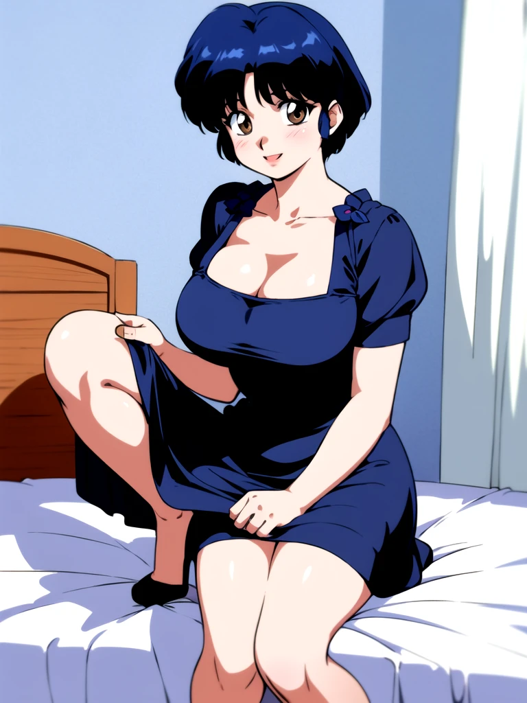 HDR, CG, sharp focus, (8k), (4k), masterpiece, best quality, detailed skin, extremely detailed, hiper detailed, sharp focus, looking at viewer, high quality, AKANE, Akane tendou, short hair, blue hair, brown eyes ,curtain pelvic DRESS, tetas grandes, bLush, solo, 1girl, sit on BED, BEDROOM background, hands on chest, heels, black dress, smile,  