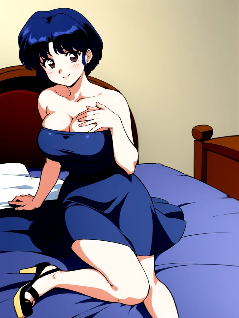 HDR, CG, sharp focus, (8k), (4k), masterpiece, best quality, detailed skin, extremely detailed, hiper detailed, sharp focus, looking at viewer, high quality, AKANE, Akane tendou, short hair, blue hair, brown eyes ,curtain pelvic DRESS, tetas grandes, bLush, solo, 1girl, sit on BED, BEDROOM background, hands on chest, heels, black dress, smile,  