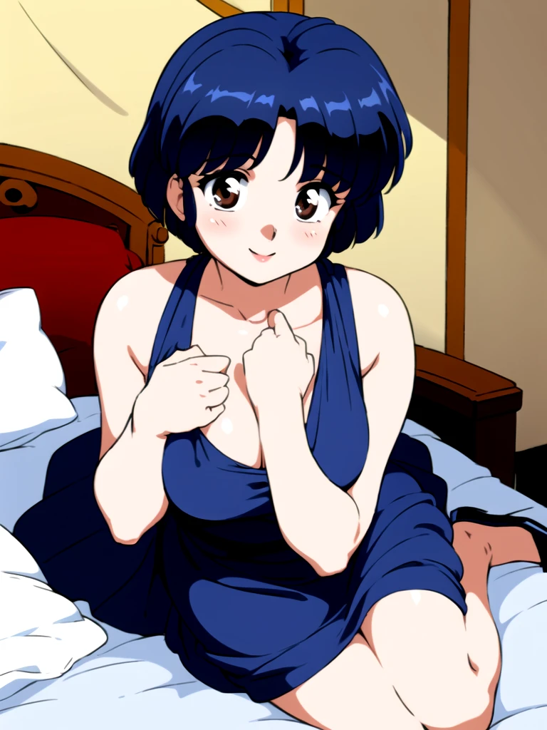 HDR, CG, sharp focus, (8k), (4k), masterpiece, best quality, detailed skin, extremely detailed, hiper detailed, sharp focus, looking at viewer, high quality, AKANE, Akane tendou, short hair, blue hair, brown eyes ,curtain pelvic DRESS, tetas grandes, bLush, solo, 1girl, sit on BED, BEDROOM background, hands on chest, heels, black dress, smile,