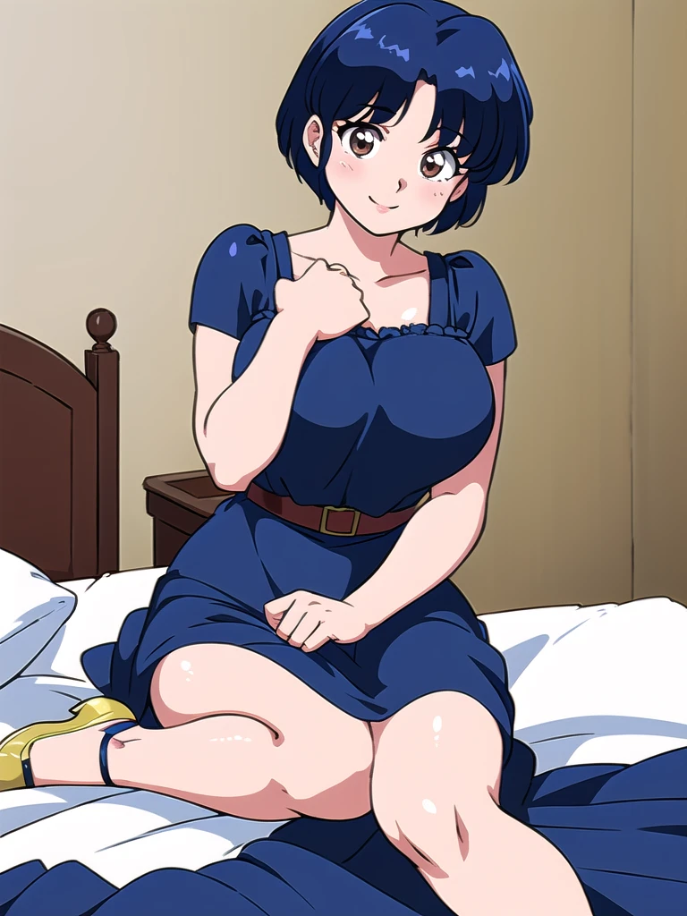 HDR, CG, sharp focus, (8k), (4k), masterpiece, best quality, detailed skin, extremely detailed, hiper detailed, sharp focus, looking at viewer, high quality, AKANE, Akane tendou, short hair, blue hair, brown eyes ,curtain pelvic DRESS, tetas grandes, bLush, solo, 1girl, sit on BED, BEDROOM background, hands on chest, heels, black dress, smile,
