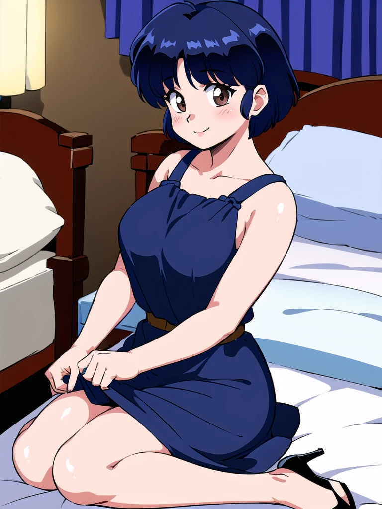 HDR, CG, sharp focus, (8k), (4k), masterpiece, best quality, detailed skin, extremely detailed, hiper detailed, sharp focus, looking at viewer, high quality, AKANE, Akane tendou, short hair, blue hair, brown eyes ,curtain pelvic DRESS, tetas grandes, bLush, solo, 1girl, sit on BED, BEDROOM background, hands on ?????, heels, black dress, smile,  
