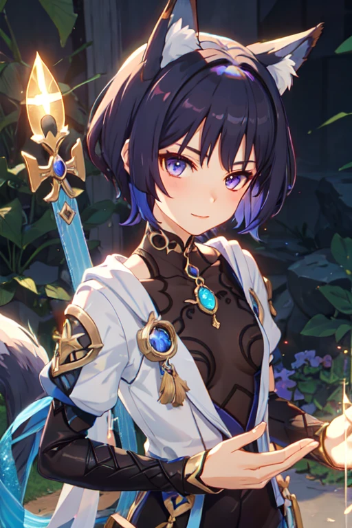 humanoid rainbow fox with crystal crown, light purple hair, fox tail, fox tails, and rainbow aura