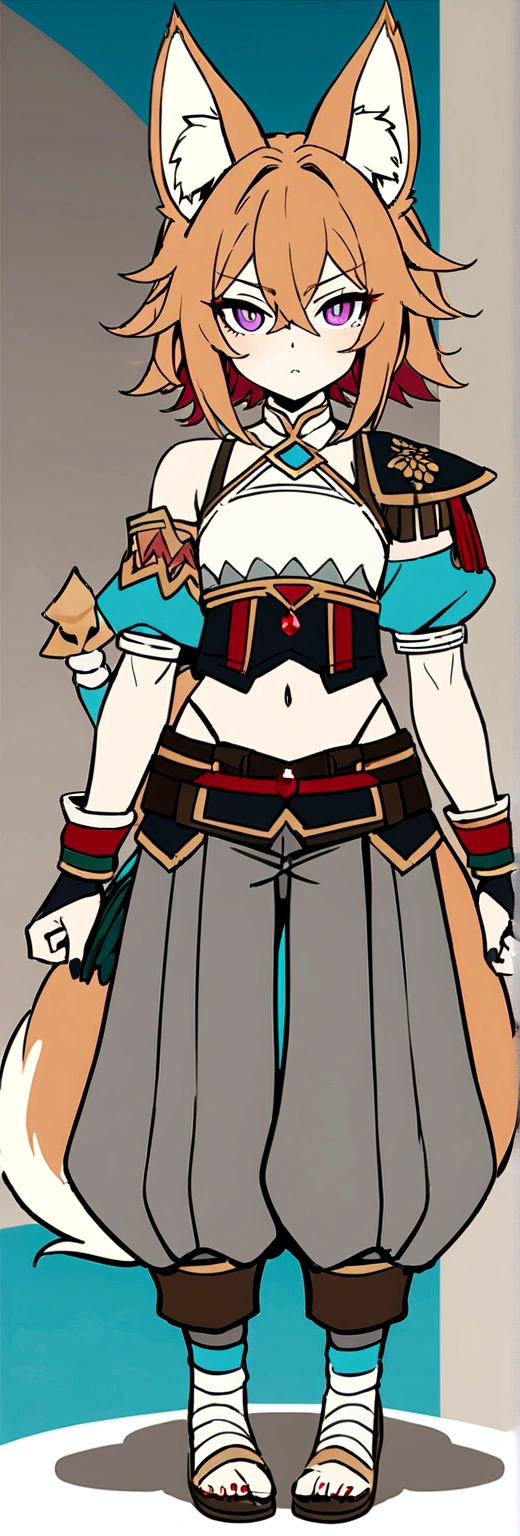 Masterpiece, High quality, High quality of art, best quality, anime lineart, Femboy, light carrot hair, fox ears, fox tail, Red eyeshadow, purple eye color, Bare belly, Femboy, military armlets, general's pants, A heavy golden bow with rubies holds the viewer hostage on a stone beach, black-green blue clothes, hair with a small count of dark carrot hair, A longbow behind his back