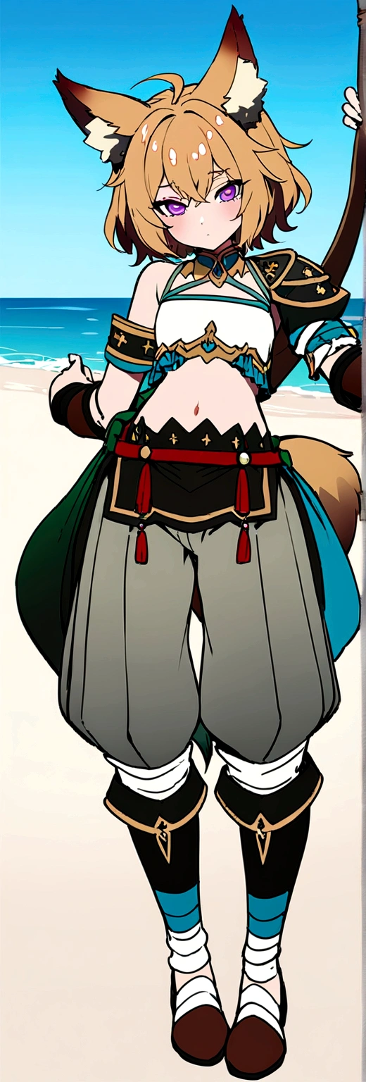 Masterpiece, High quality, High quality of art, best quality, anime lineart, Femboy, light carrot hair, fox ears, fox tail, Red eyeshadow, purple eye color, Bare belly, Femboy, military armlets, general's pants, A heavy golden bow with rubies holds the viewer hostage on a stone beach, black-green blue clothes, hair with a small count of dark carrot hair, A longbow behind his back