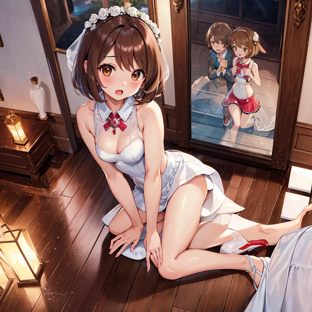 masterpiece, Highest quality, High resolution, Gloria1, 1 Girl, Gloria\(Pokémon\), Brown Hair, , Brown Eyes, , Short Hair, , Bobcut, bangs, , 　１Describe a girl carefully　１Girl　Expression in love　blush　Open Mouth　blush　church　Wedding dress（）　 enhancement