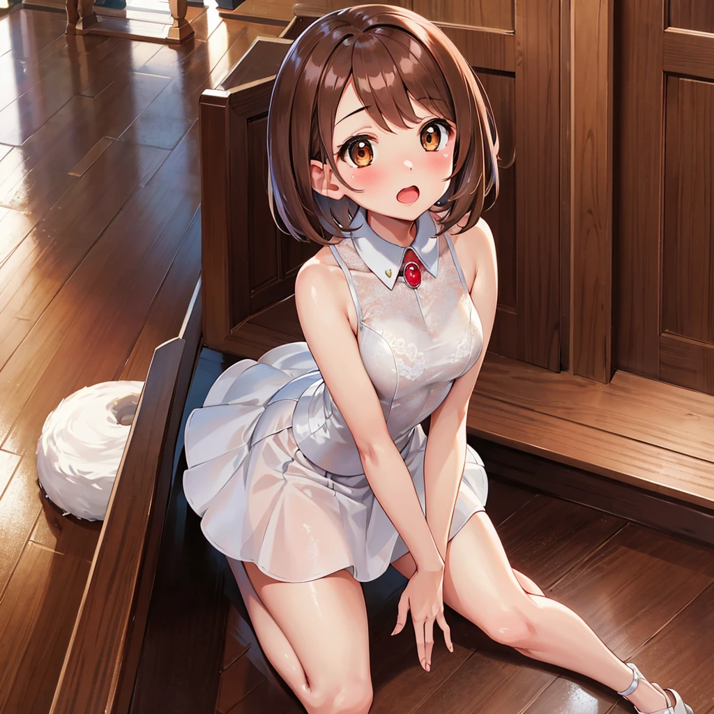 masterpiece, Highest quality, High resolution, Gloria1, 1 Girl, Gloria\(Pokémon\), Brown Hair, , Brown Eyes, , Short Hair, , Bobcut, bangs, , 　１Describe a girl carefully　１Girl　Expression in love　blush　Open Mouth　blush　church　Wedding dress（）　breast enhancement