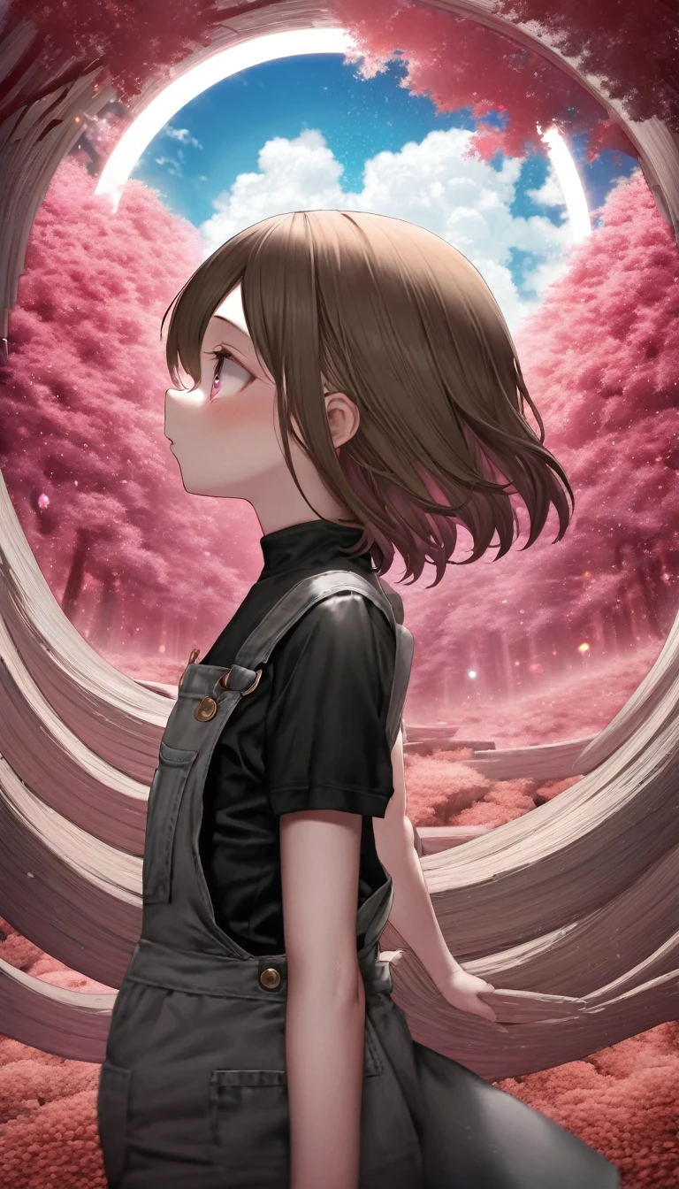 quality\(8K,非常に精細なCGユニットのwallpaper, masterpiece,High resolution,top-quality,top-quality real texture skin,Surreal,Increase the resolution,RAW Photos,最高quality,Very detailed,wallpaper\),BREAK、Circle image、Walking through the pink forest、Long Shot、The subject is small、Beautiful deep pink forest、Fade from pink to black、Gradation、BREAK、Ultra detailed single girl、Girl in a black dress、Very detailed face and eyes、Cute face、Baby Face、An ennui look、Brown Hair、Look Up、Side Shot、Beautiful profile、Looking up、Blue sky close to black、Stars and Clouds、A fresh angle、BREAK、Overall dark、Cinematic Lighting、Very elaborate lighting、