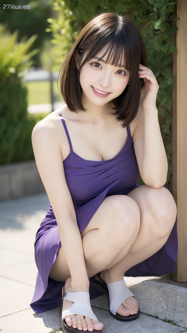 (Ultra-realistic), (An illustration), (high resolution), (8K), (very detailled), (最高のAn illustration),(photoshot, best quality), (真实感, photoshotrrealista:1.4), Masterpiece artwork, Very delicate and beautiful, extremely detaild, 2k wallpaper, incredible, fine-details, very detailledなCGユニティ8kの壁紙, super verbose, high resolution, beautiful detailed girl, very detailledな目と顔, Beautiful detailed nose, beautiful detailed eyes,cinematic lighting,Perfect Anatomia,Perfect promotion,(a shy smile, beautiful  face),  ((perfect legs, perfect legs, perfect hands, perfect hands指, perfect arms,  a shy smile, The mouth is perfect)), looking directly at the camera, Ear fringes and fringes、necklase、 (((beautiful japanese girl)))、  ((((((Uma beautiful japanese girl de 27))))))、(((Huge G ))),  (((Bursting with !!!!))), (((attractive !!!!!!!))), (((huge ))),  (((Full body writing))),  (((seductively pose))), ((somente photoshot)),  ((Bblack hair)), (((slenderbody))), (((Wearing a purple dress with a low neckline, white sandal ))),  ((((beautiful smiling))))