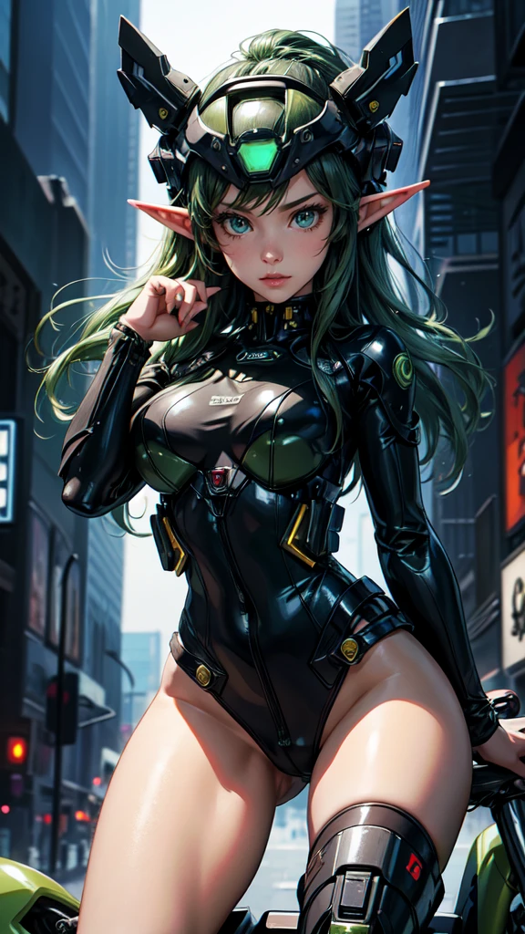 Highest image quality, outstanding details, ultra-high resolution, (realism: 1.4), the best illustration, favor details, highly condensed 1girl, with a delicate and beautiful face, dressed in a black and green mecha, wearing a mecha helmet, holding a directional controller, riding on a motorcycle, the background is a high-tech lighting scene of the future city.detailed eyes, detailed hands, detailed face, elf girl
