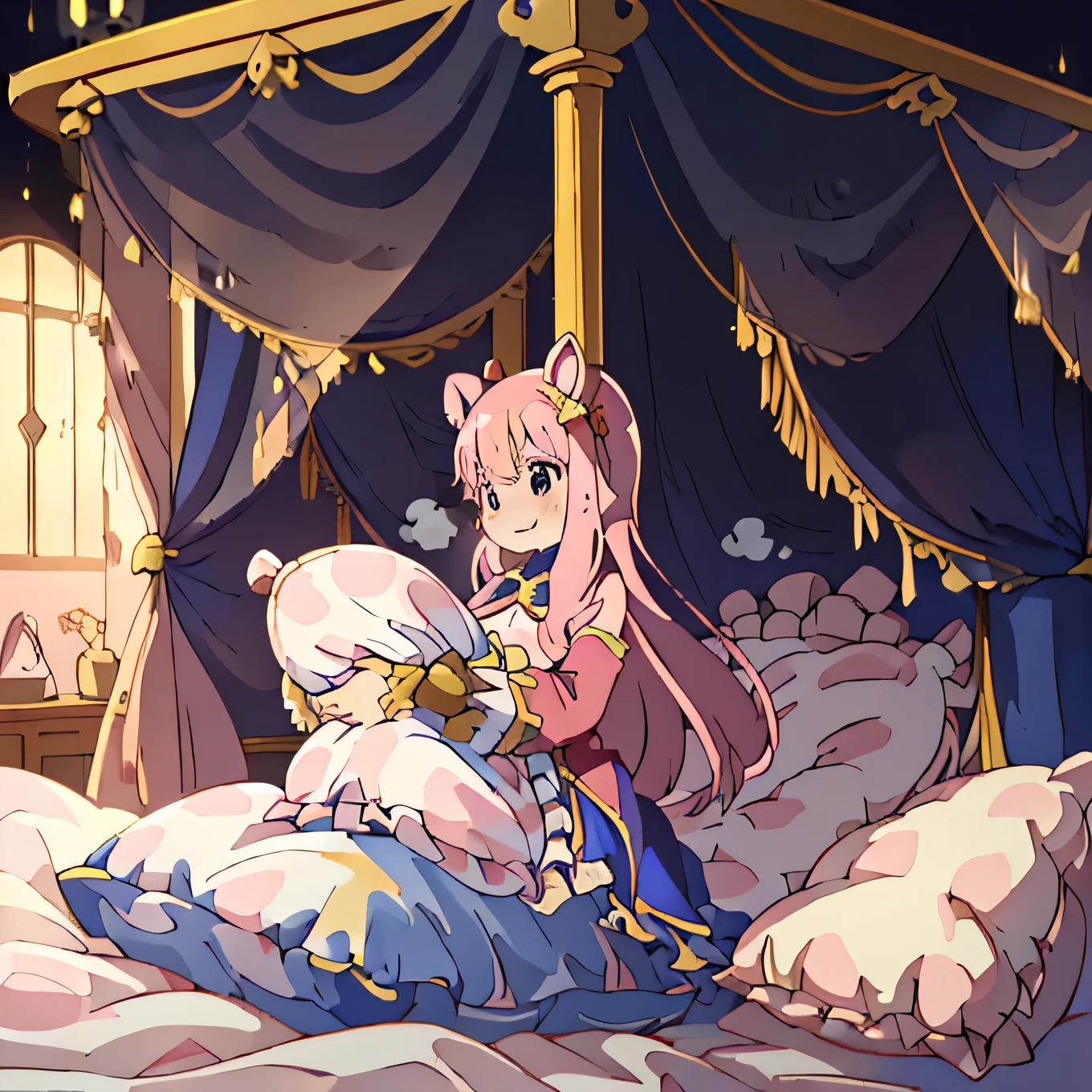 (masterpiece,best quality),my own , (Light and shadow suitable for any Pillow background)), Cute girl in pajamas posing on Pillow ,pajamas, (blush),a smile,Pillow Head,(Lots of Pillow),Soft cushion,(canopy bed),Soft pillow quotation,(Pillow damage),Lots of Pillow,(Crotch rubbing),((Pillow Hump)),(Pillow),(A tail),,(Pink Pillow),(Love around the protagonist),Steam,(Pillow Head),(),(Luxury Pillow),(Pillow),(palace),(Palace bedroom),(Pillow),Soft Pillow,,(Classical European style bedroom ),(excited,shy person,Lack of expressiveness,),,pillow humping,Sweat,,Sweaty,Body swing,Body shaking lines,Shaking lines,Violently shaking lines,best quality, masterpiece, ((Maximum resolution)), artwork, ,,,(Interior of the palace),(In the bedroom at night),(Deluxe Rococo Canopy King Bed),On a big and spacious bed,(the 女孩 is lying on the bed),Before bedtime,,,Luxurious curtains with ornate ruffles and ribbons surround the bed,((((There are many pillows piled on the bed)))),Detail of Quilt,Detailed bed sheets,Ruffled Bed Skirt,Deep Bed,Background with depth,pajamas , ((((A Lot of Pillow)))),peeing,squatting,water,Urine,Shaking lines,wetting pillows,Flowing liquid