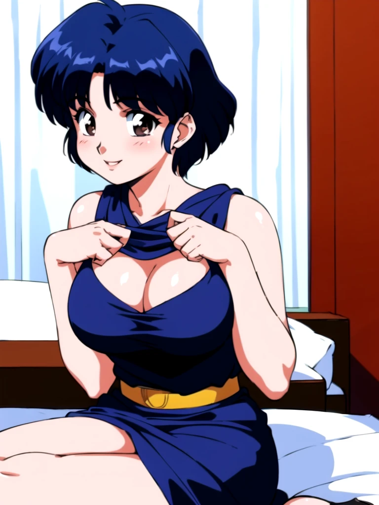 HDR, CG, sharp focus, (8k), (4k), masterpiece, best quality, detailed skin, extremely detailed, hiper detailed, sharp focus, looking at viewer, high quality, AKANE, Akane tendou, short hair, blue hair, brown eyes ,curtain pelvic DRESS, tetas grandes, bLush, solo, 1girl, lying on bed, hotel background, hands on chest, heels, black dress, smile,