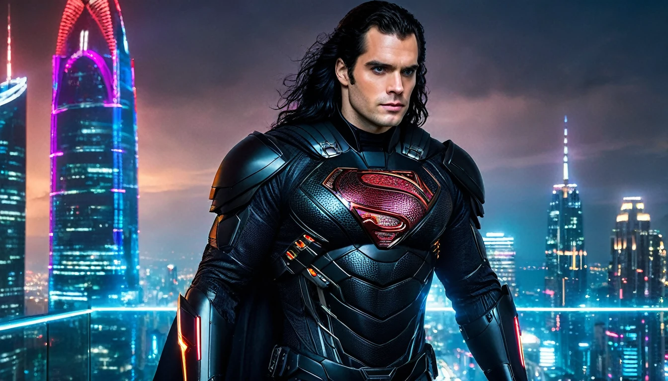 A stunning cinematic photograph of a powerful and handsome man with long, black hair, resembling Henry Cavill. He dons a sleek, black cyber armor adorned with light circuits, creating a futuristic and edgy look. His hair flows elegantly in the wind, adding to the dynamic nature of the image. The background features a tall building captured from an aerial perspective at night, with vibrant-colored doors in each window. The contrast between the dark, architectural background and the colorful doors creates a striking visual effect. This high-resolution image was taken using a Canon EOS R5 with an f/2 lens, offering a wide-angle view that captures the entire facade of the building. The result is a hyperrealistic, detailed, and immersive image that blends fashion, architecture, and dark fantasy elements.