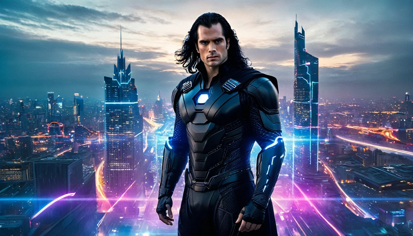 A stunning cinematic photograph of a powerful and handsome man with long, black hair, resembling Henry Cavill. He dons a sleek, black cyber armor adorned with light circuits, creating a futuristic and edgy look. His hair flows elegantly in the wind, adding to the dynamic nature of the image. The background features a tall building captured from an aerial perspective at night, with vibrant-colored doors in each window. The contrast between the dark, architectural background and the colorful doors creates a striking visual effect. This high-resolution image was taken using a Canon EOS R5 with an f/2 lens, offering a wide-angle view that captures the entire facade of the building. The result is a hyperrealistic, detailed, and immersive image that blends fashion, architecture, and dark fantasy elements.