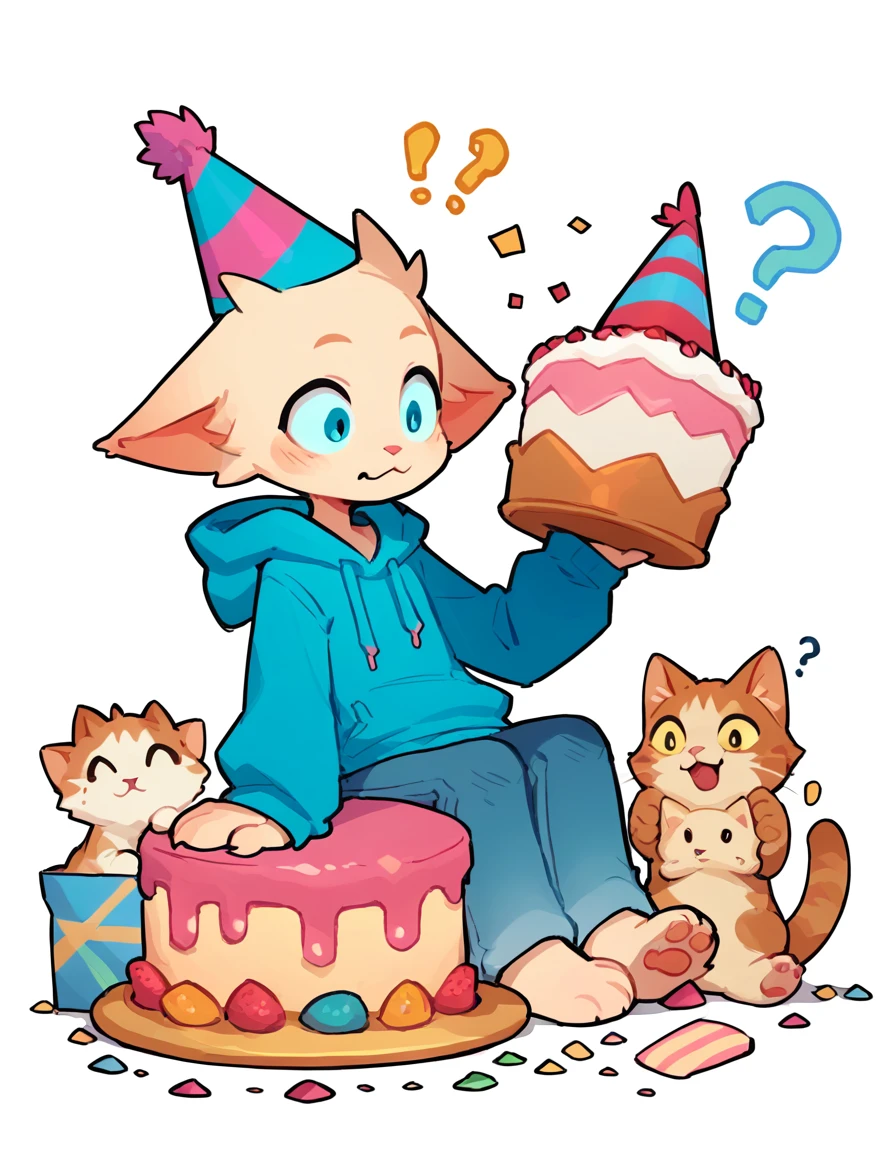 The Q version of the cute furry cat, holding a birthday cake, sitting, surprise expression, happy, ?, cute, pointy hair, male cat, party hat, hoodie, jeans, beans, white background 