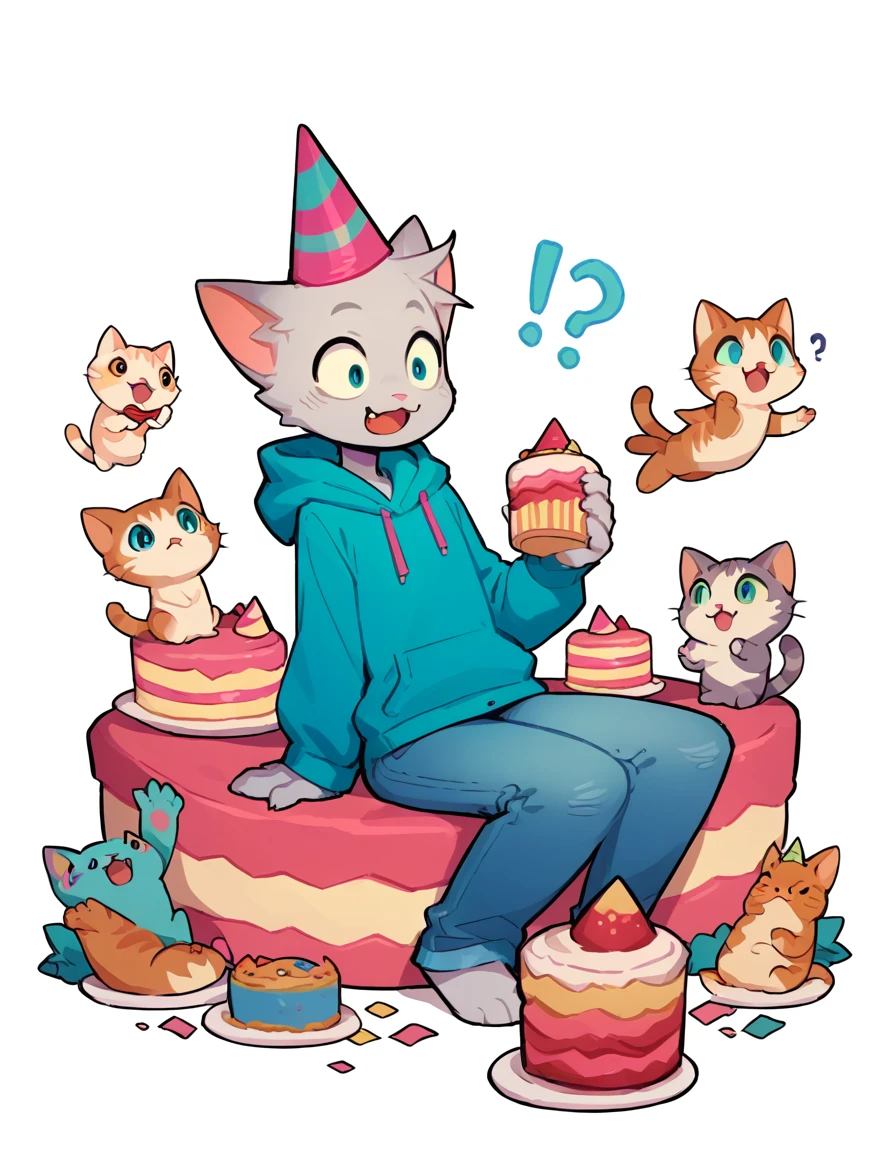 The Q version of the cute furry cat, holding a birthday cake, sitting, surprise expression, happy, ?, cute, pointy hair, male cat, party hat, hoodie, jeans, beans, white background 