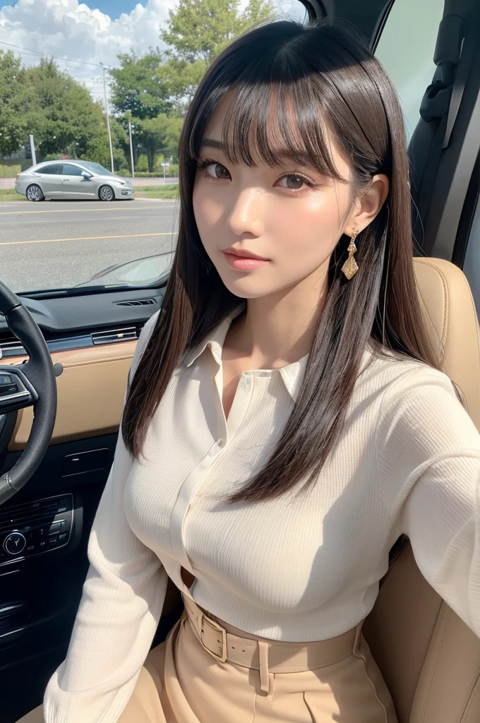 Inside the car at the driving school, driving school instructor, ((full body)), ((photo)), ((best qualtiy, 8K, tmasterpiece:1.3)), Focus:1.2, perfect figure beautiful girl:1.4, 1girl, cowboy shot, look at viewer, incredibly absurd, beautiful and cute girl with a photorealistic face, showcasing top-quality craftsmanship, A Japanese woman sitting in the passenger seat of a car at a driving school, 22 years old, has long, shiny, straight black hair, long bangs cut above her eyes as  bangs, large, dark eyes, long eyelashes, cat-like eyes with slightly upturned corners, well-defined eyebrows, double eyelids, straight nose, thin lips but a healthy, natural red color, well-aligned teeth, sharp jawline, fair, clear skin, smooth skin, long limbs, tall, slender, well-balanced proportions, beautiful C-cup breasts, wearing a white blouse with a black tight skirt and a beige jacket over it. The skirt is knee-length, an elegant and chic outfit, a single diamond earring in her left ear, and a slim gold ring on her middle finger on her right hand, a beautiful older woman, beautiful, neat, serious, responsible, kind, April