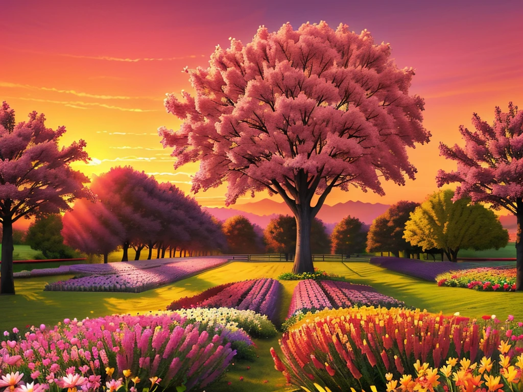 masterpiece, tree, sunset, colorful, flowers