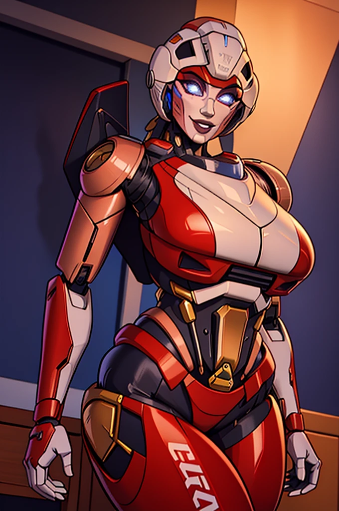 best quality, glossy, 4k, ((artwork)), extremely detailed, 8k, beautiful, MILF, hot woman, robotic woman, metallic skin, metal hair, glowing eyes, big breasts, bodywork details, smile face, huge breasts