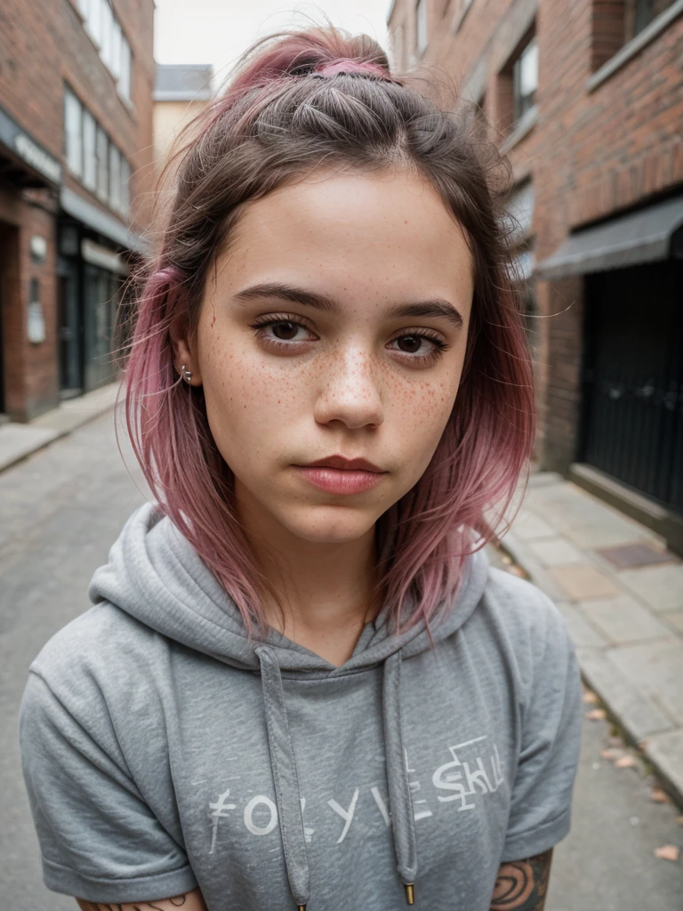 beautiful college girl, wearing hoodie, looking at viewer, pink hair, solo, tattoo on face, upper body, detailed background, town, alley, looking at viewer, portrait, (textured skin, skin pores:1.2), (moles:0.8), (imperfect skin:1.1), intricate details, goosebumps, flawless face, (light freckles:0.9),, ((photorealistic):1.1), (raw, 8k:1.2), hyper realistic, HDR, cinematic, dark, muted colors, slate atmosphere