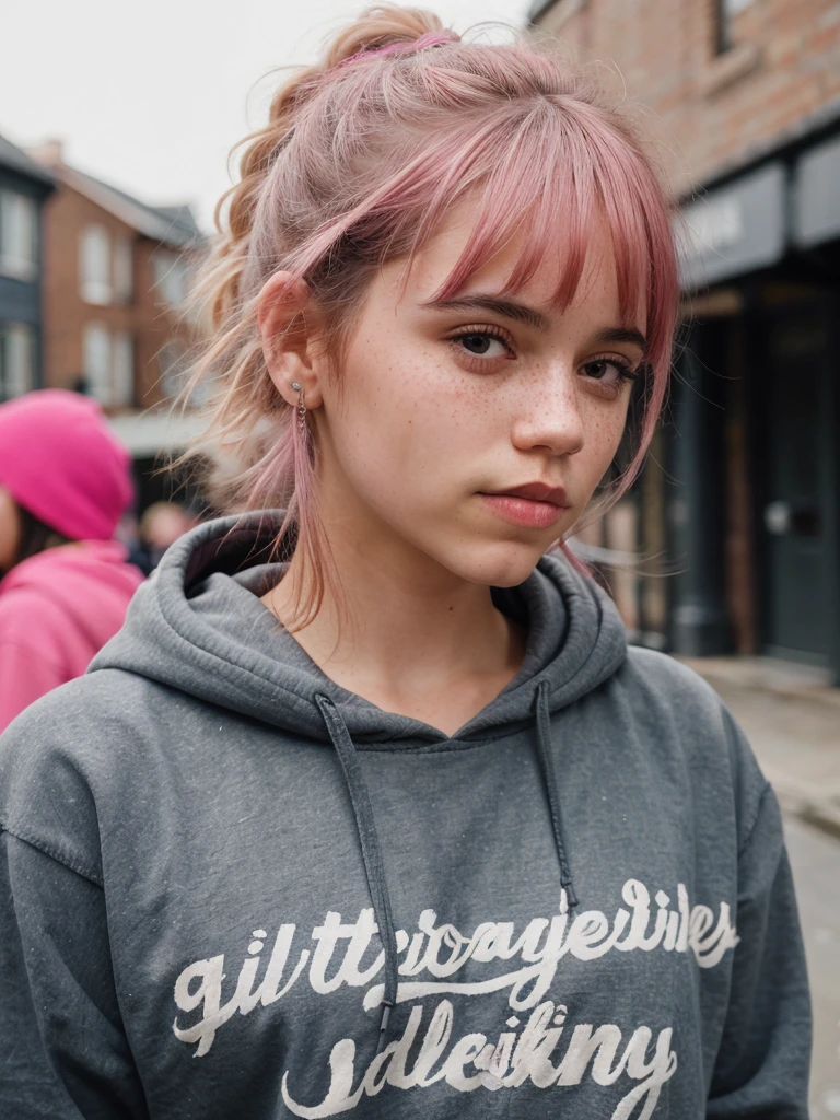 beautiful college girl, wearing hoodie, looking at viewer, pink hair, solo, tattoo on face, upper body, detailed background, town, alley, looking at viewer, portrait, (textured skin, skin pores:1.2), (moles:0.8), (imperfect skin:1.1), intricate details, goosebumps, flawless face, (light freckles:0.9),, ((photorealistic):1.1), (raw, 8k:1.2), hyper realistic, HDR, cinematic, dark, muted colors, slate atmosphere