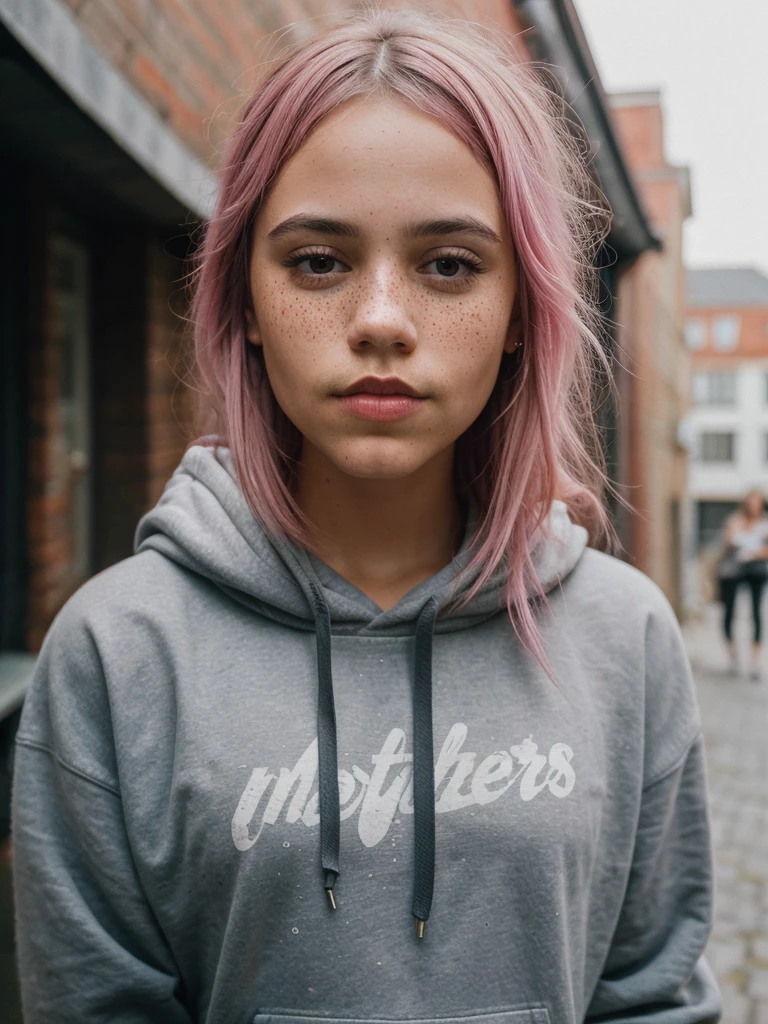 beautiful college girl, wearing hoodie, looking at viewer, pink hair, solo, tattoo on face, upper body, detailed background, town, alley, looking at viewer, portrait, (textured skin, skin pores:1.2), (moles:0.8), (imperfect skin:1.1), intricate details, goosebumps, flawless face, (light freckles:0.9),, ((photorealistic):1.1), (raw, 8k:1.2), hyper realistic, HDR, cinematic, dark, muted colors, slate atmosphere