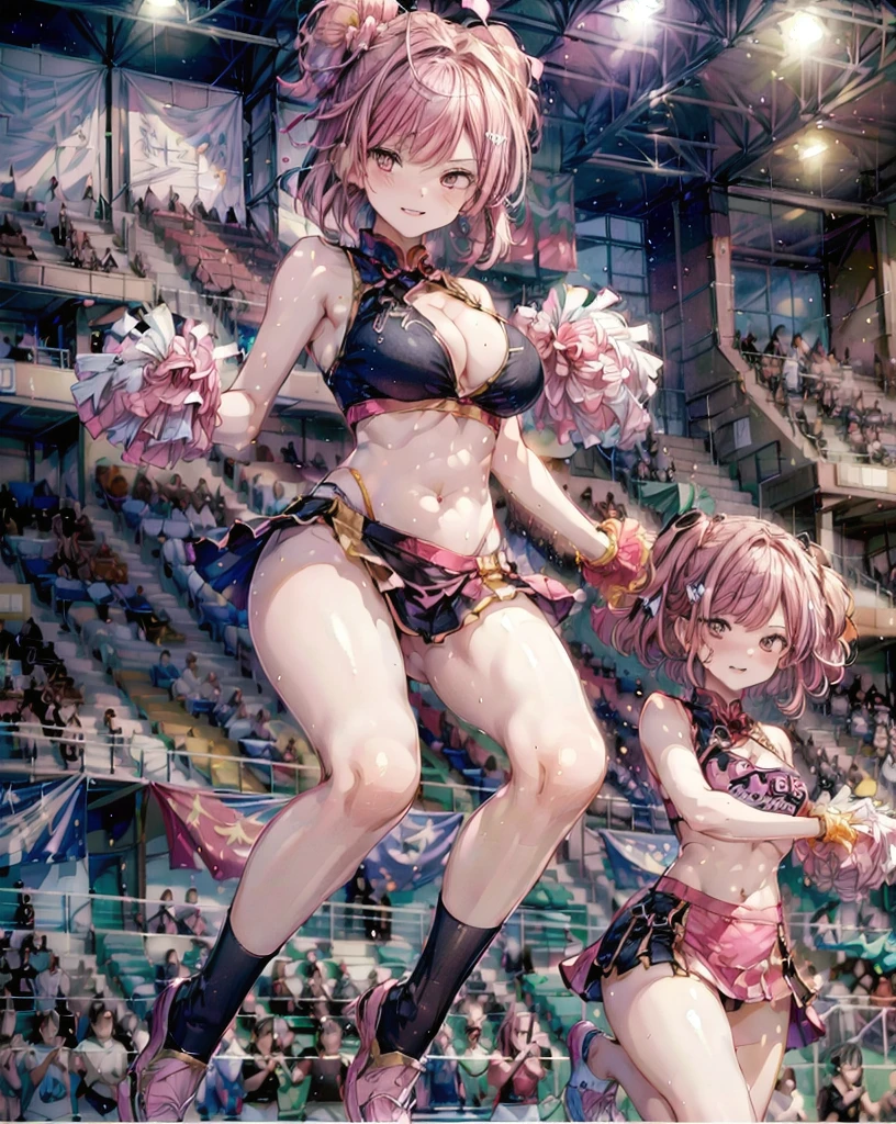 ((wearing cheerleader outfit,holding pom poms,stadium,dancing,posing for a photo,cheering up the crowd)),, skinny, 4 defined fingers, 1 defined thumb, looking at viewer, solo, 1 woman, 25 years old, AI generated, highest quality, masterpiece, skindentation, perfect face, 8k , Dynamic Pose, (short hair), (pink hair:1.5), bob cut, black eye, smile, thin thighs, medium breasts, perfect limbs, sexy, (visible nipples:0.7), (camel toe:0.3),, (bright Chinese park), Dutch Angle, ((The costume is metallic, shiny and lustrous)), facing straight at viewer, (sit), sexy pose,