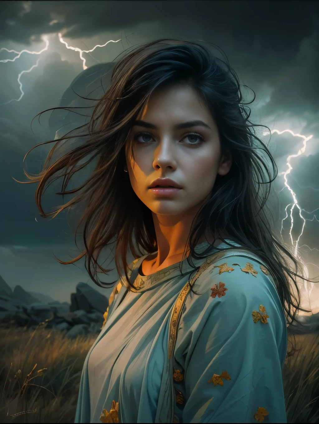 (masterpiece), cartoon, best quality,(photo_(medium):1.0), by Antonio J. Manzanedo, by Jeremy Lipking, lightning, in a surreal landscape, painting style with watercolor, Brushstrokes, black eyes,colorful,vibrant colors,1girl
