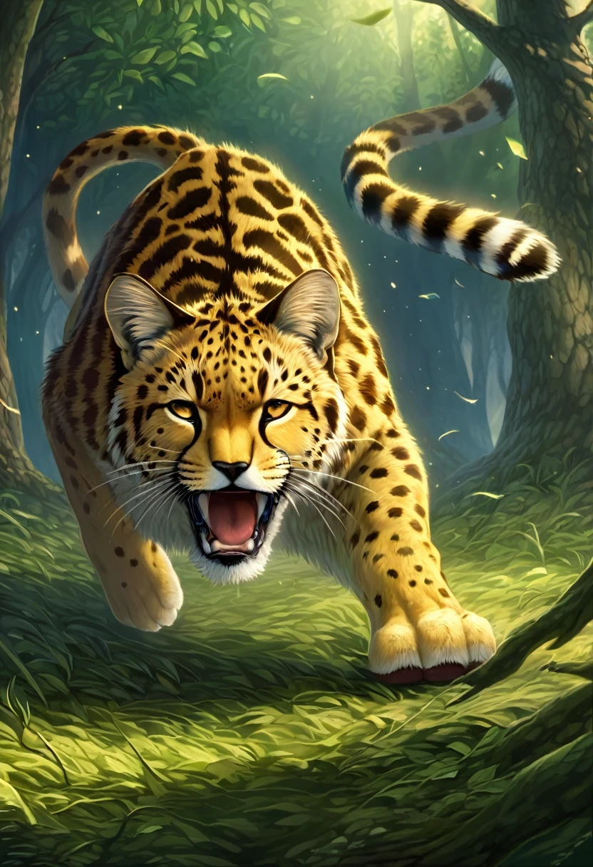 ((Masterpiece)), ((Best Quality)), (Very Detailed), ((Very Detailed)), 4K, (8K), very aesthetic, absurdres highres, 1man, Anthropomorphic gold cat with black dot pattern, furry, kemono, In a clearing in the forest, a cheetah sprints in the cold early morning light, its front legs outstretched and kicking the ground, its hind legs stepping down with force. The animal's eyes are wide open, its mouth is open, and it is drooling. Its lithe, spotted body is depicted as its muscles move. In the background, grass and trees sway, dust rises, and prey can be seen in the distance.