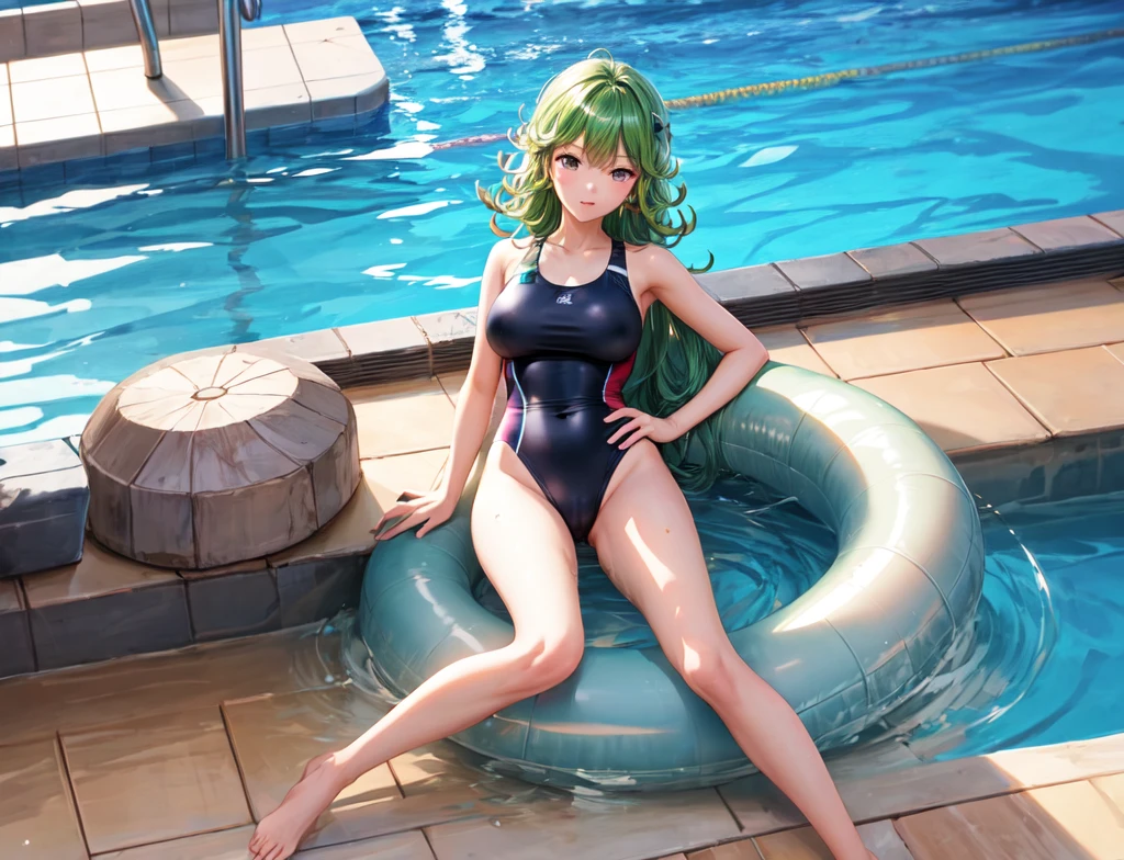 tatsumaki black swimsuit full body long legs green hair ((A person)) swimming pool