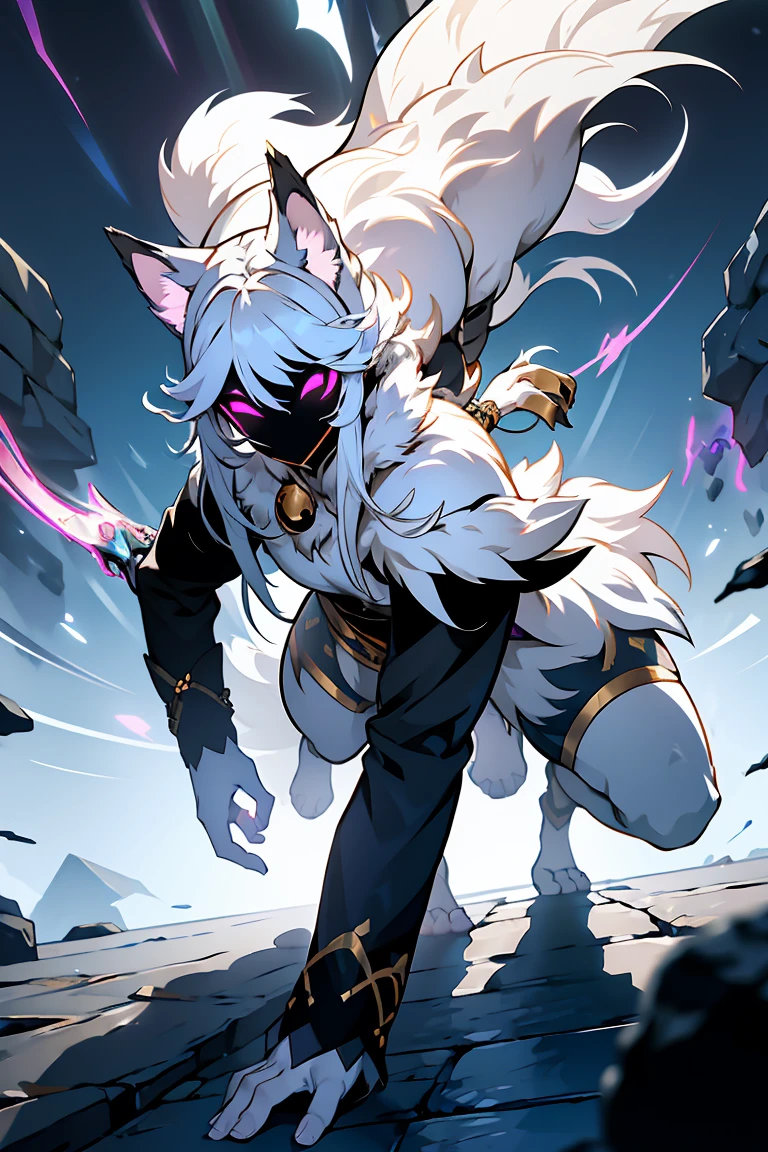 White hair, ethereal aura, serenity, wielded bow, light garments, spectral wolf, fierce nature, visual duality, soul hunters, smooth transition, agile posture, intense expression, light tones, dark tones, black facial mask.