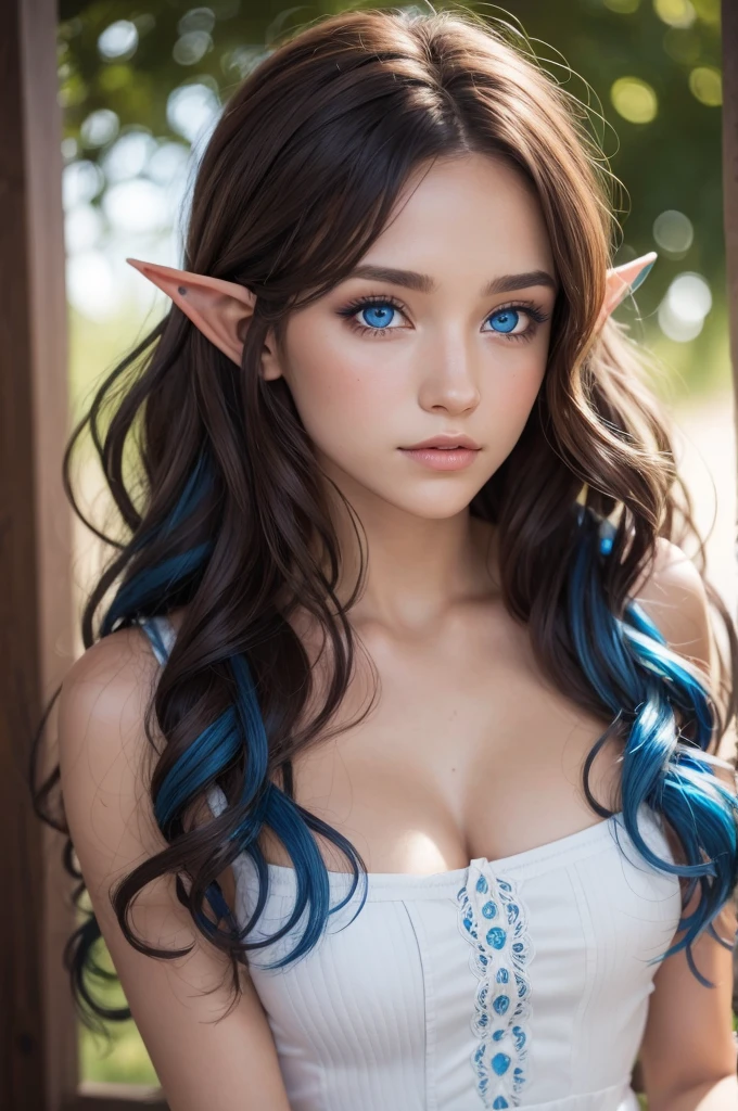 Half elf, blue colored eyes, curly bronze hair