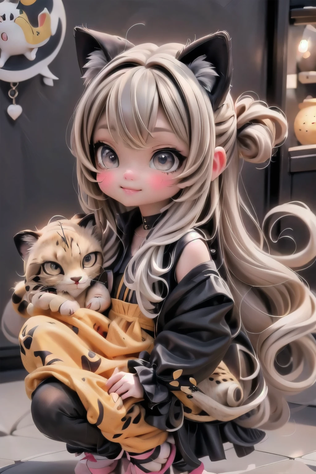 a chibi cheetah girl, wearing a (cheetah kigurumi), african savanna at night