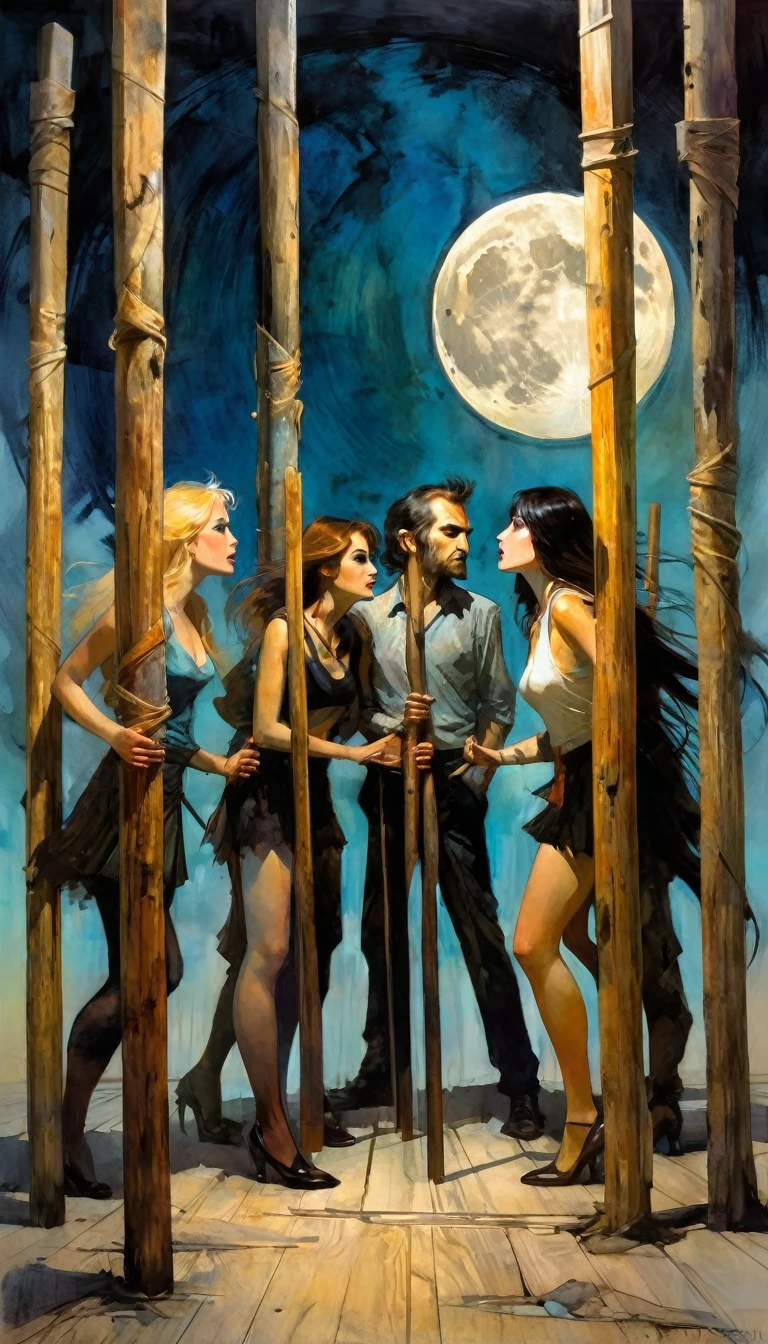 a group of men and women argue, holding together five wooden poles, the moon (art inspired by Bill Sienkiewicz, intricate details, oil painting)
