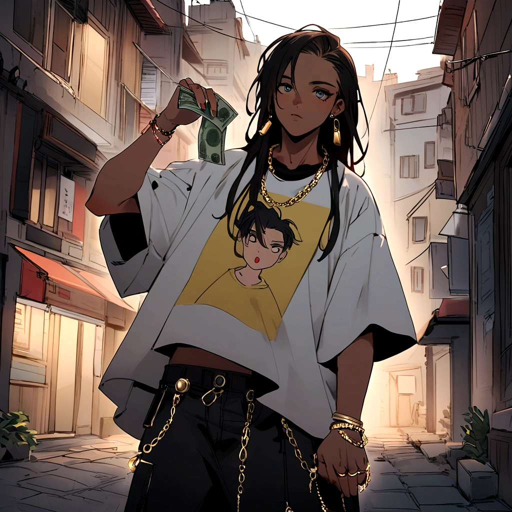 generate an image of a young Brazilian character, belonging to an urban gang, not y2k style. he must be dressed in loose, modern clothing typical of the time, like baggy pants and oversized t-shirt. the character must sport several flashy jewelry, like golden chains and rings, that reflect light. Furthermore, he holds money bills in one hand, displaying a confident attitude and urban style. the surrounding setting should be urban and contemporary, complementing the character&#39;s look. 



