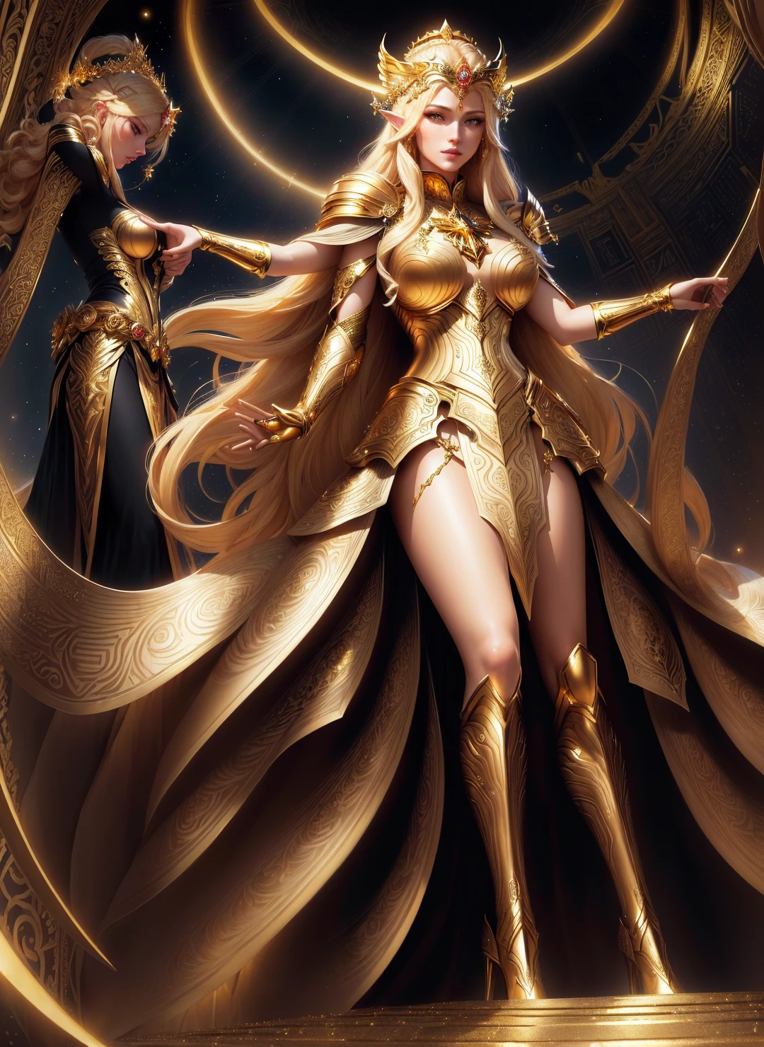 blond woman in gold costume posing in a golden circle, a beautiful fantasy empress, gorgeous goddess of leo, ((a beautiful fantasy empress)), beautiful and elegant elf queen, karol bak uhd, goddess. extremely high detail, golden goddess athena, the sailor galaxia. beautiful, cgsociety masterpiece, style of karol bak