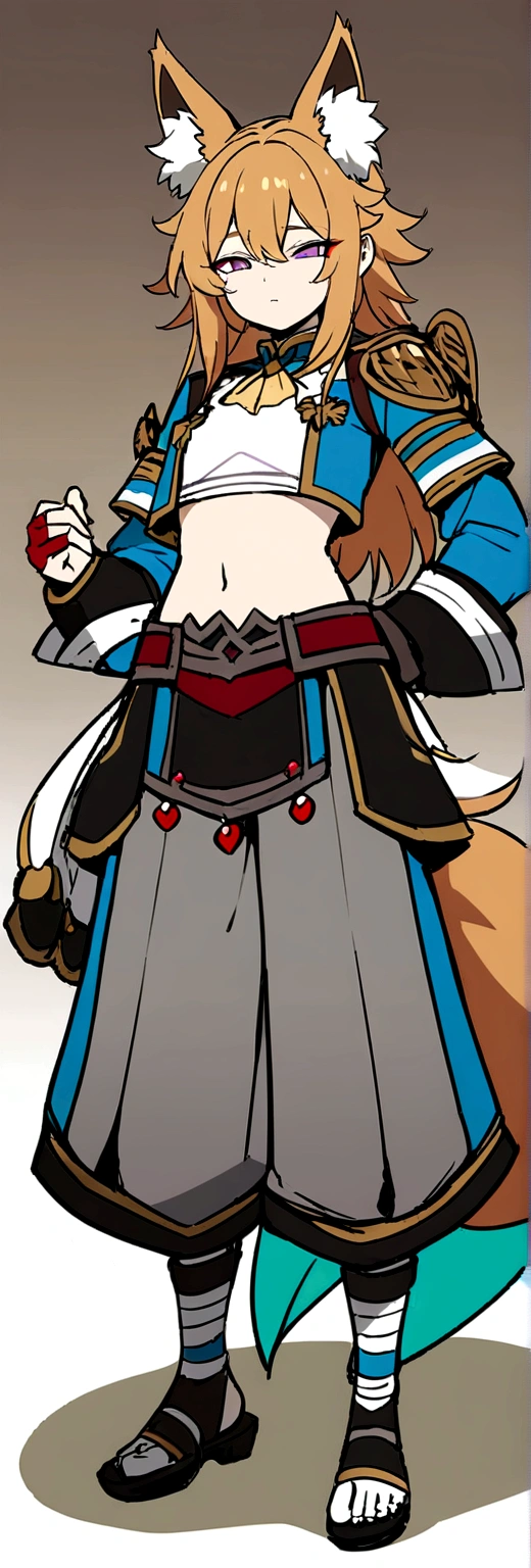 Masterpiece, High quality, High quality of art, best quality, anime lineart, Femboy, light carrot hair, fox ears, fox tail, Red eyeshadow, purple eye color,  belly, Femboy, military armlets, general's pants, A heavy golden bow with rubies holds the viewer hostage on a stone beach, black-green blue clothes, hair with a small count of dark carrot hair, A longbow behind his back, half sleep eyes, Platinum bell and bow near the ear