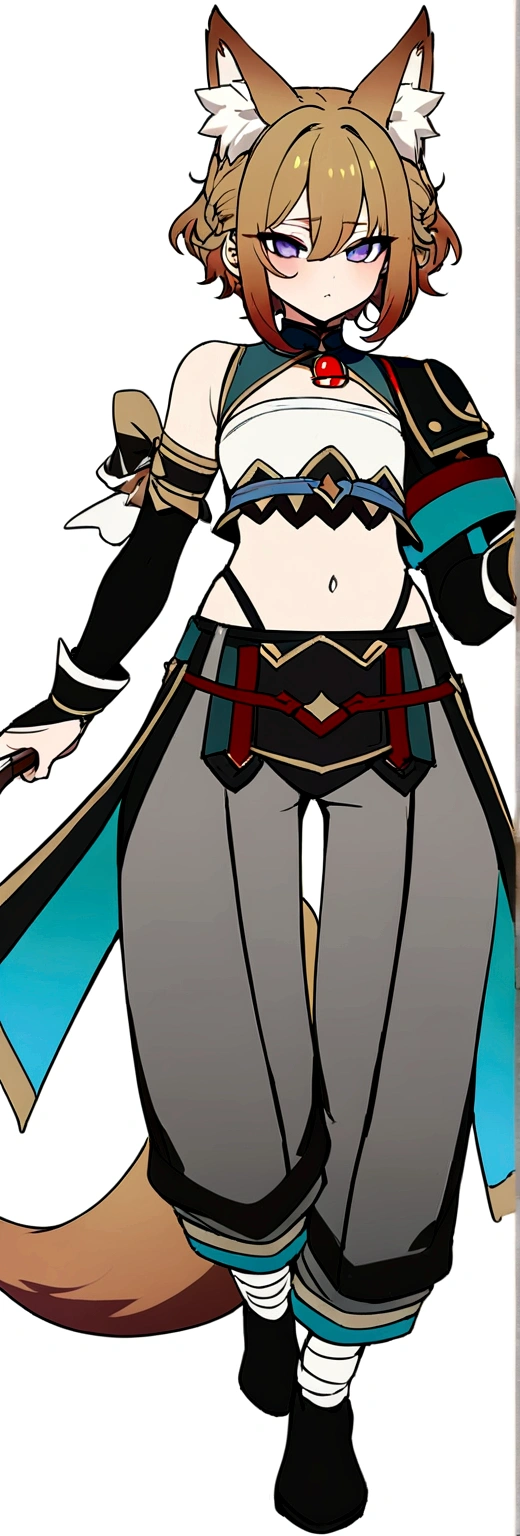 Masterpiece, High quality, High quality of art, best quality, anime lineart, Femboy, light carrot hair, fox ears, fox tail, Red eyeshadow, purple eye color, Bare belly, Femboy, military armlets, general's pants, A heavy golden bow with rubies holds the viewer hostage on a stone beach, black-green blue clothes, hair with a small count of dark carrot hair, A longbow behind his back, half sleep eyes, Platinum bell and bow near the ear