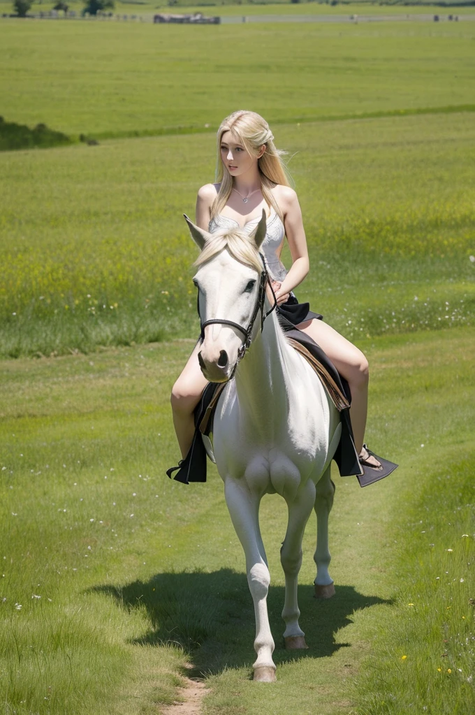 Altria Pendragon and her horse walking on the grassland