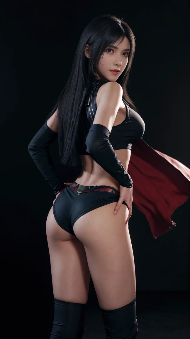 8K, Top Quality, Intricate Details, Ultra Detail, Ultra High Resolution, Masterpiece, close up shot, shot , (looking back), standing, Slender, Smile, , (Makeup: 0.4), (Fluffy  Eyes: 1.21), , 1girl, solo, 1 girl, (( full body)), close up shot, ((red eyes, black hair, bangs, long hair)) , ((Tifa,Tifa･lockhart,Final Fantasy 7,FF7,l)), ((tall)), (((fit body))), (((slim face))), sharp face,  )),  (detailed face), sharp face,  small lips, ass up ,walking pose , crossed arms,
 ((superman suit )),  detailed face, detailed breast, , large breast, huge breast, detail ass, Narrow Waist, Skinny, , Muscular, , Pointed Chest, detailed ass, butt cheek  , Beautiful girl , Bust Botox, Big, Perfect Body, detail leg, (( dark background)), black background,