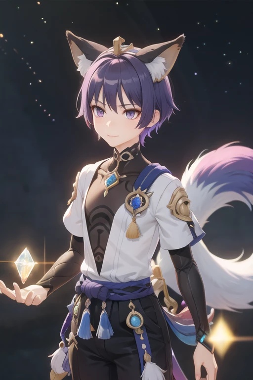 humanoid rainbow fox with crystal crown, light purple hair, fox ears, fox tails, and rainbow aura