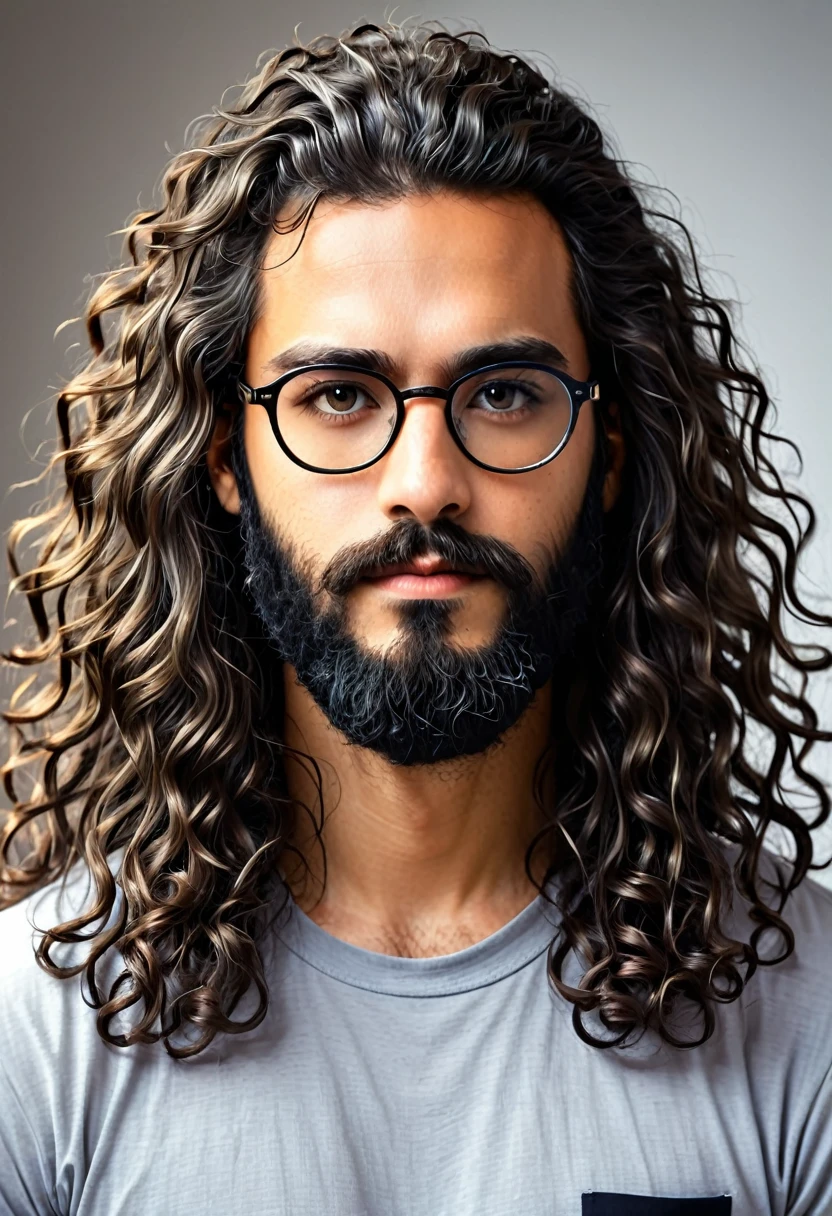 there is a man with long hair and glasses posing for a picture, with long, curly hair, longos blackquality hair ondulados e óculos, long beard, long beard, blackquality hair, black beard, band shirt, young man