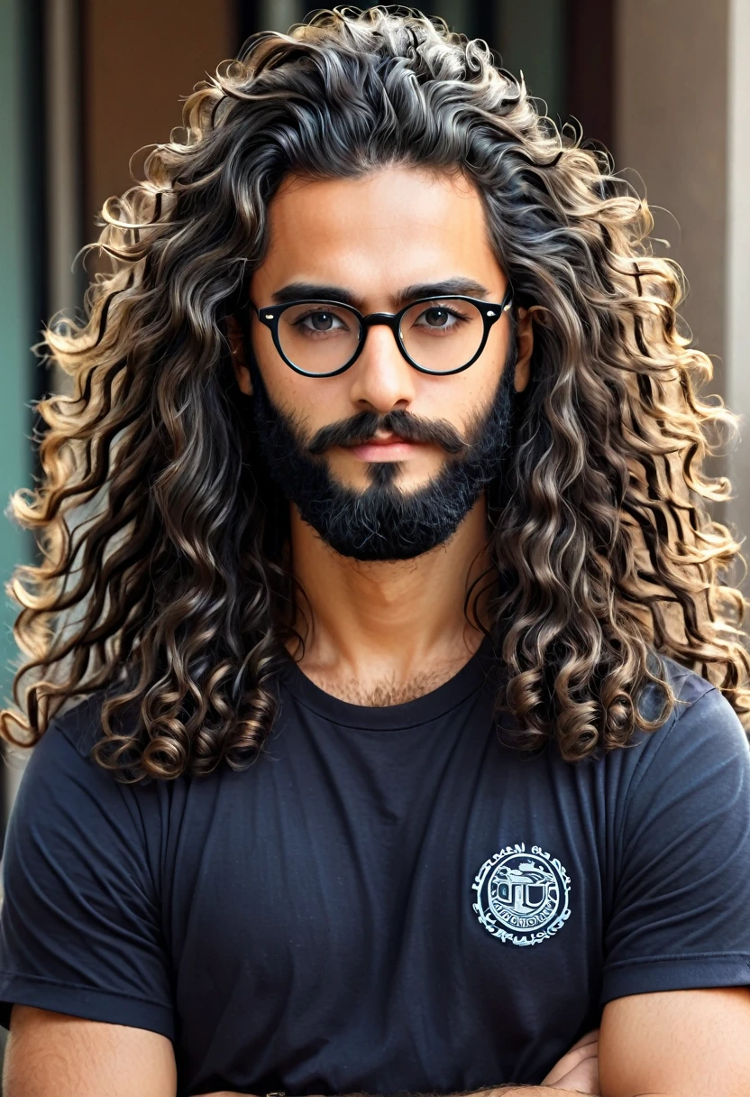 there is a man with long hair and glasses posing for a picture, with long, curly hair, longos blackquality hair ondulados e óculos, long beard, long beard, blackquality hair, black beard, band shirt, young man 