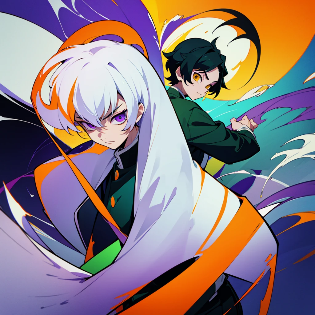 fifteen year old male, Uniform demon slayer, ying yang theme, Beautiful visual quality, Short hair, Blue, red, green, orange, yellow and purple all around
