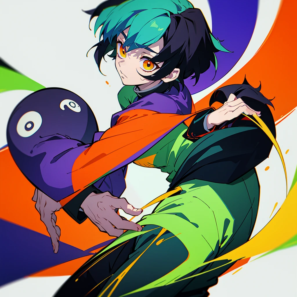 fifteen year old male, Uniform demon slayer, ying yang theme, Beautiful visual quality, Short hair, Blue, red, green, orange, yellow and purple all around