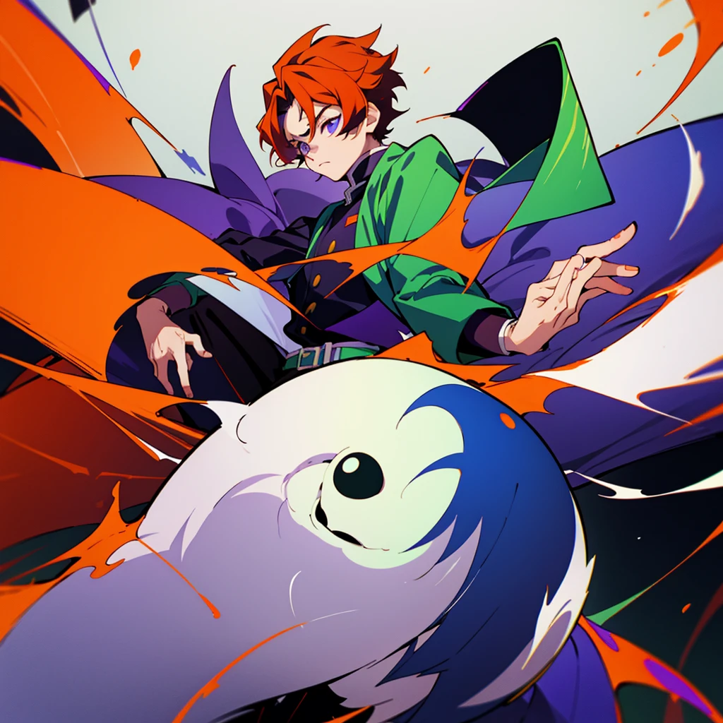 fifteen year old male, Uniform demon slayer, ying yang theme, Beautiful visual quality, Short hair, Blue, red, green, orange, yellow and purple all around